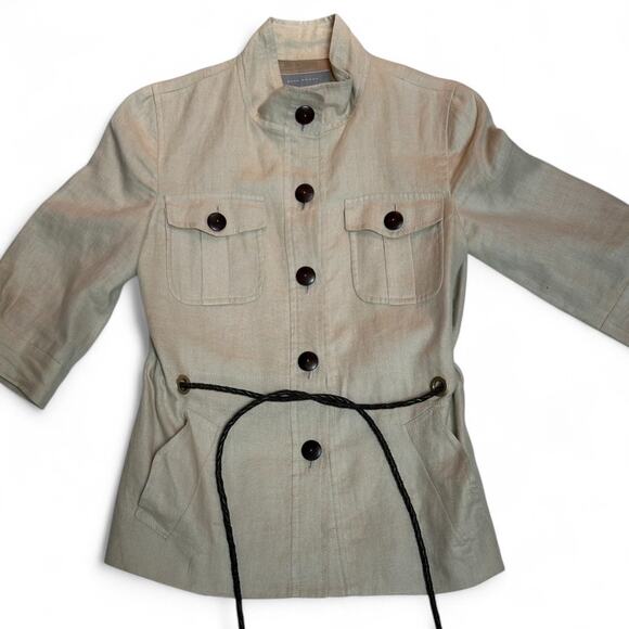 ZARA WOMAN Beige Linen Utility Jacket Safari Style Leather Belted Office Medium - Picture 6 of 7